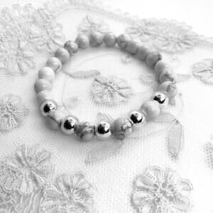 Silver with Natural White & Black Stone Bead Durable Stretchy Bracelet (7")